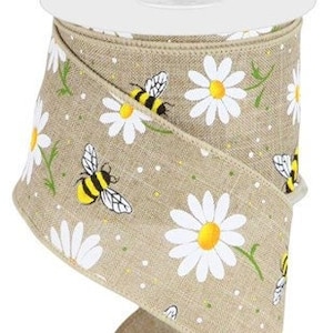 Wired Ribbon by the Roll Bumblebees and Daisy Print  (Beige, White, Yellow) 2.5" X 10 Yards on Canvas for Wreaths, Floral Arrangements