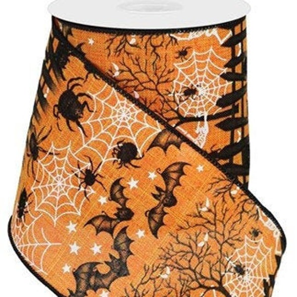 Wired Ribbon By the Roll Spooky Halloween Spiders, Cobwebs, Skeletons, Bats and Stars (Black, Orange, White) 4" x 10 Yards on Canvas