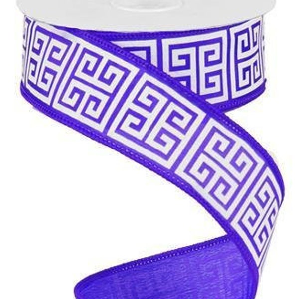 33+ Yards Wired Ribbon By the Roll Purple and White Greek Key 1.5" X 100 Feet (33.33 Yards) for Wreaths Gift Wrapping Crafting