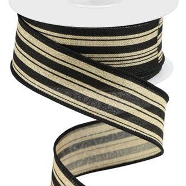 Wired Ribbon by the Roll Vertical Stripe on Canvas (Beige, Black) 1.5" Wide x 10 Yards for Wreaths, Gift Wrapping, Floral Arrangements