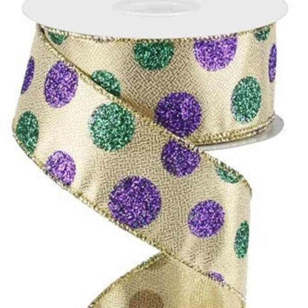 Wired Ribbon by the Roll 1.5 inch X 10 Yards Mardi Gras Metallic Glitter Polka Dots Wired Ribbon for Wreaths, Floral Arrangements, Gift Wrap