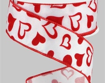 Wired Ribbon by the Roll Flocked Hearts on Satin 1.5" X 10 Yd for Wreaths, Gift Wrapping, Floral Arrangements, Crafting