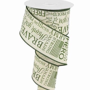 Wired Ribbon by the Roll United States Army Green on Natural/Buff Canvas 2.5" x 10 Yards for Wreaths, Floral Arrangements, Gift Wrapping