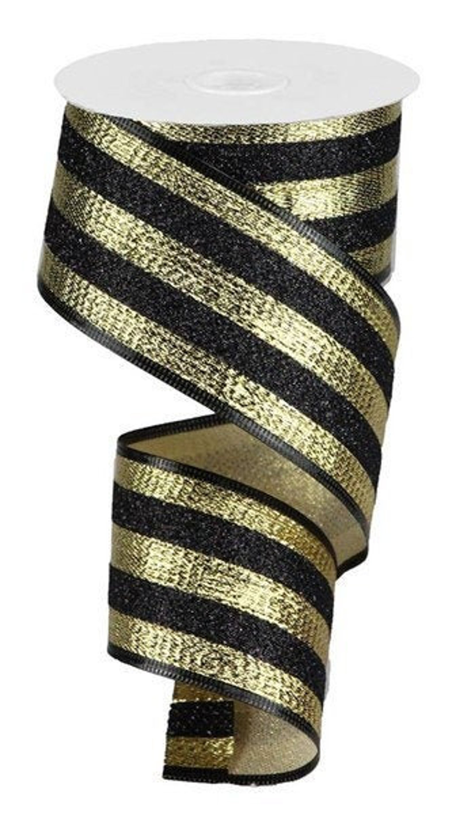 Wired Ribbon By the Roll Black and Gold Metallic Vertical Etsy
