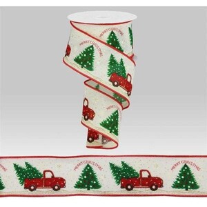 Wired Ribbon By the Roll Red Truck with Christmas Trees 2.5&quot; X 10 Yards for Wreaths, Gift Wrapping, Floral Arrangements, Crafting