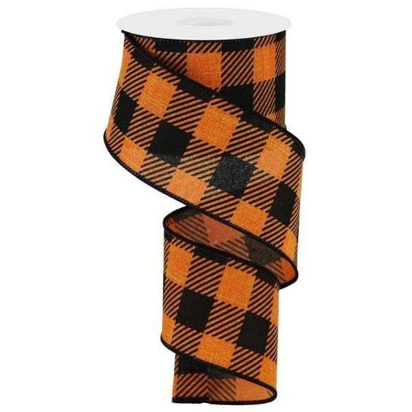 Wired Ribbon By the Roll Orange and Black Large Striped Check/Plaid on Royal for Wreaths, Gift Wrapping, Floral Arrangements, Halloween Fall