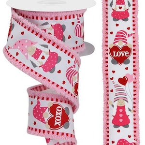 Wired Ribbon By the Roll Valentines Gnomes with Snowdrift Fringe (Red, Pink, White) 2.5&quot; X 10 Yards for Wreaths, Gift Wrapping, Floral