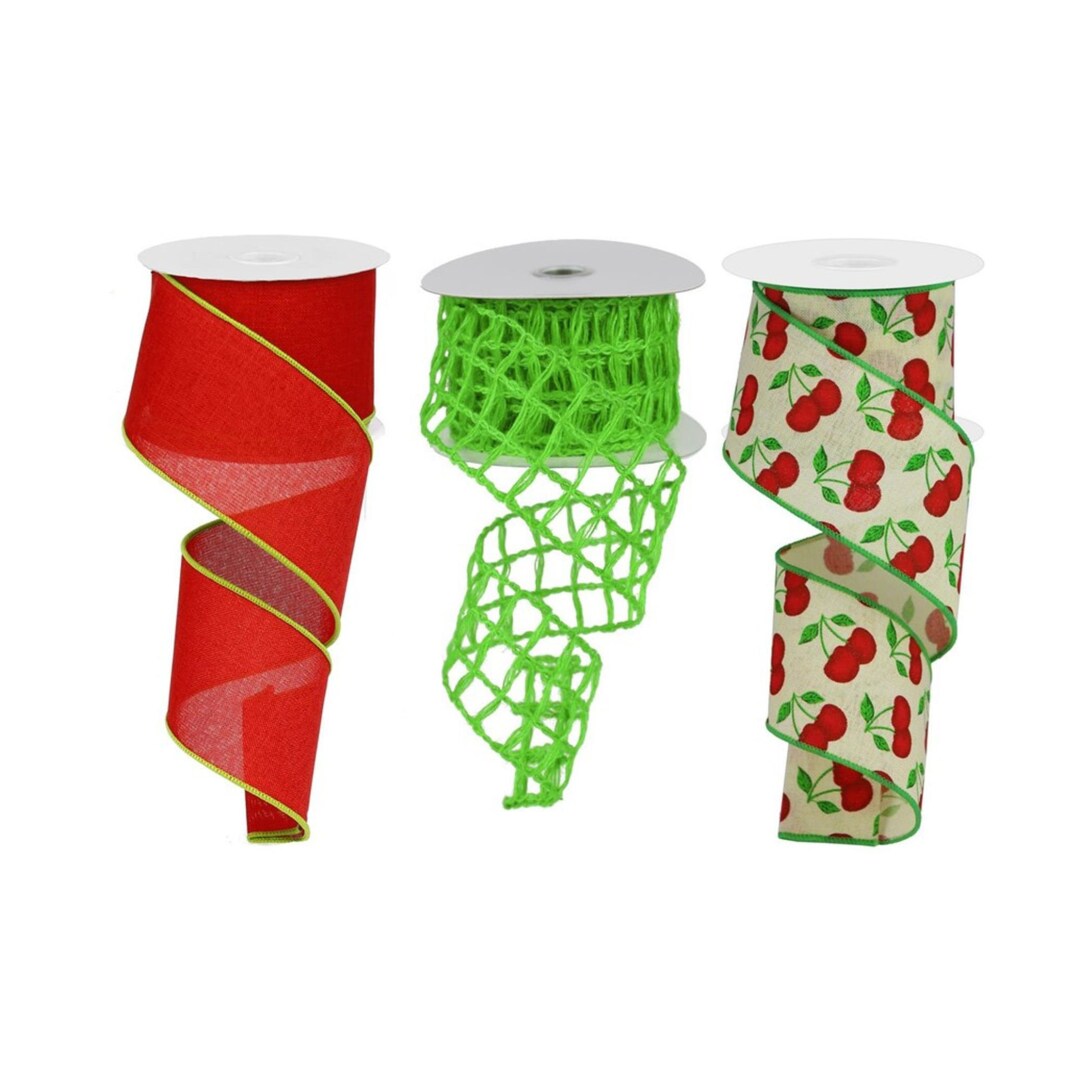 Wired Ribbon by the Roll Set of 3 Cherries Bundle (red, Lime Green) 2.5 ...