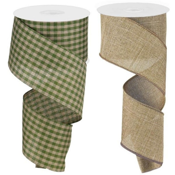 Wired Ribbon By the Roll Set of 2 Gingham Check (Moss Green, Beige) and Solid Burlap Canvas (Beige) for Wreaths, Floral Arrangements