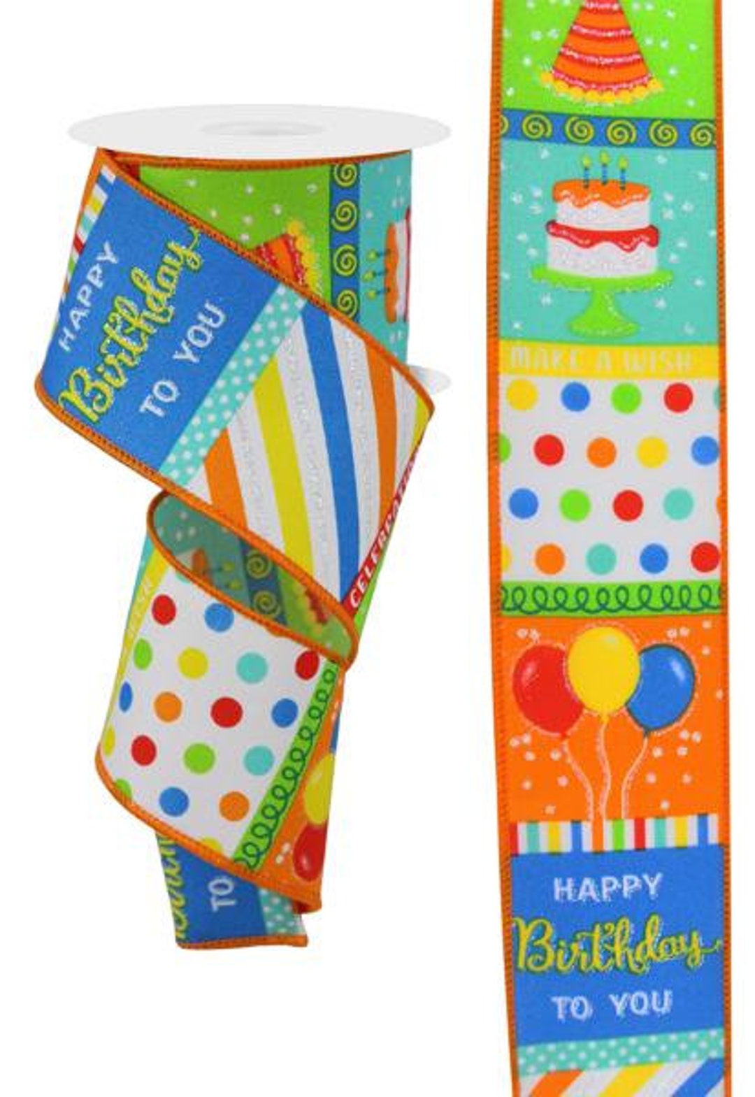 Wired Ribbon by the Roll Happy Birthday Blocks (orange, Blue, Yellow ...