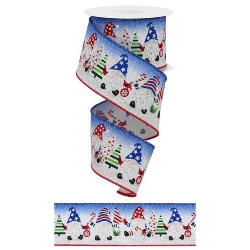 Wired Ribbon by the Roll Christmas Gnomes in the Snow W/ Silver Glitter ...