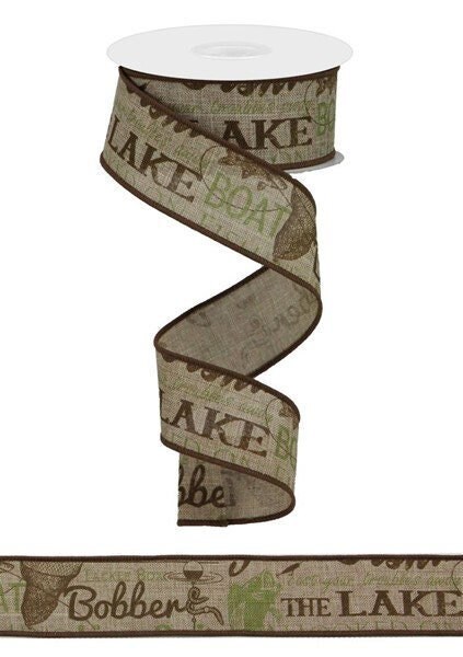Wired Ribbon Gone Fishing/Catch of The Day/Live Bait and More Fish Terms 1.5 Inches x 10 Yards for Wreaths, Floral Arrangements, Gift Wrap