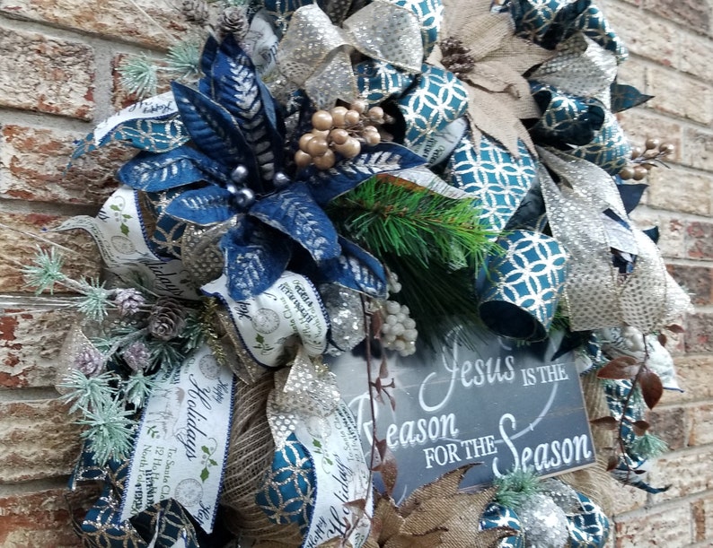 Jesus Is The Reason For The Season 24 inch Christmas Front Door Mesh Wreath Handmade in the USA