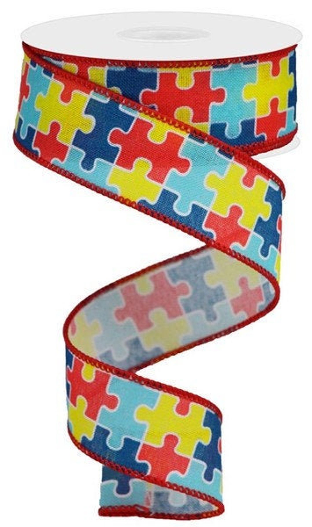 Autism Awareness Puzzle Piece Wired Ribbon Red Yellow Blue 1.5 Inches X