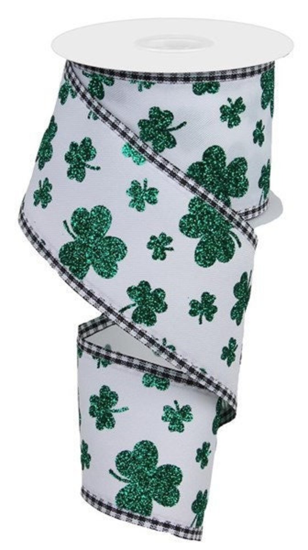 Wired Ribbon by the Roll Glittered Shamrocks With Gingham Edges St ...