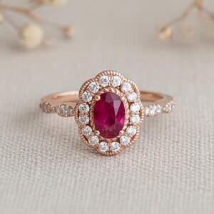 Natürliche Rubin & Diamant Ring, 14K 18K Massivgold, Art Deco Ringe, Vintage Schmuck