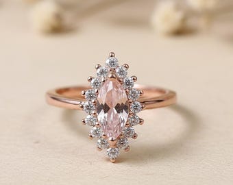 Marquise Morganite & Diamond Rose Gold Ring, 14K Solid Gold Halo Engagement Rings