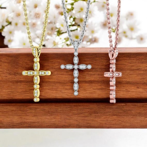 Buy Vintage Cross Diamond Necklace, Solid Gold Necklace, Vintage
