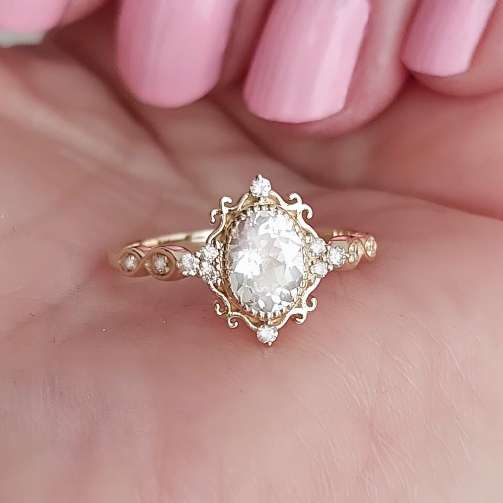 Vintage Engagement Ring, Natural White Morganite & Diamond Ring, 14K Solid Gold Rings, Art Deco Rings, Women Rings, Mom's Day Gifts