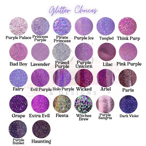 May include: A collection of purple glitter options in circular containers. The glitter colors range from light lavender to deep violet, with names like "Purple Palace," "Grape," and "Dark Violet." The text "Glitter Choices" is at the top.