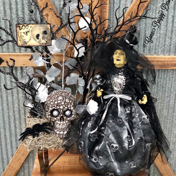 Black and Silver Skull Witch on Bench Halloween Centerpiece