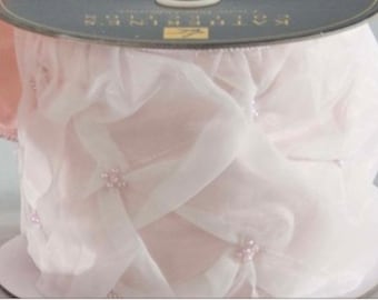 Katherine's Collection Cream/ Lt.Pink Rouched Ribbon with pink pearls  5Y x 4"