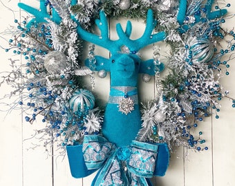 Luxury Decor, Door Decor, Upscale Wreath, Deer Wreath, Xmas Decor, Turquoise Decor, Winter Door, Winter Wreath