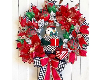 Elegant Penguin Christmas Black and Red Wreath with Presents and Bling Bling