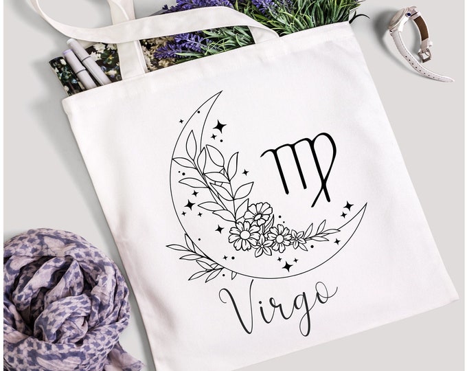 Personalized Virgo Tote Bag: Floral Moon Astrology Lover Gift