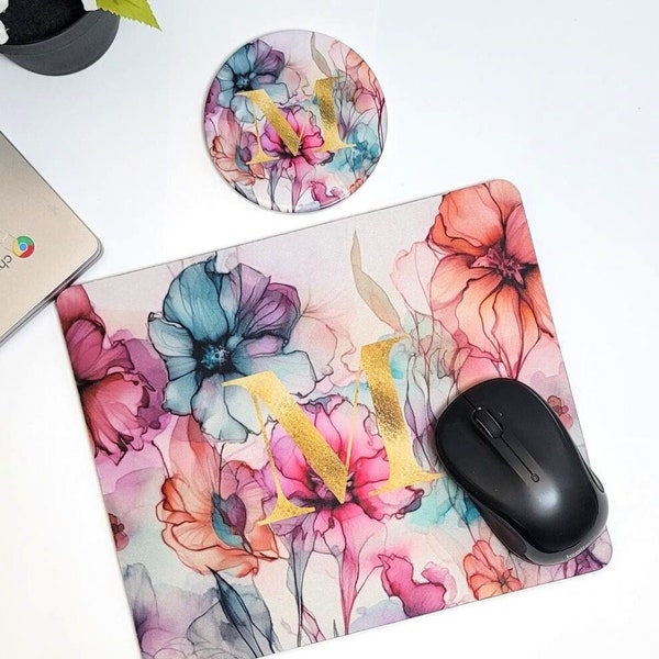 Watercolor Floral Desk Set/ Personalized Mousepad & Coaster - Gold Monogram/ Chic Office Décor/Floral Mousepad/Floral Coaster.