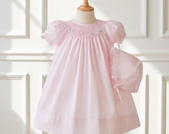 Petit Ami Smocked 6 Months Set: Pink Bishop Dress & Bonnet for Baby Girls