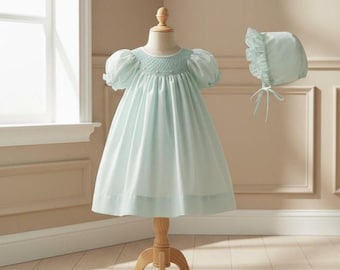 Petit Ami Newborn Smocked Daygown Set: Mint Green Bishop Dress & Bonnet