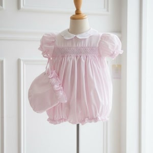 Petit Ami 3 Months 2pc Set: Pink Smocked Bubble Romper & Bonnet for Baby Girls