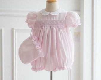 Petit Ami 3 Months 2pc Set: Pink Smocked Bubble Romper & Bonnet for Baby Girls
