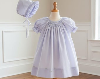 Petit Ami Smocked 2pc Daygown Set: Newborn Purple Lavender Bishop Dress Bonnet Baby Girls