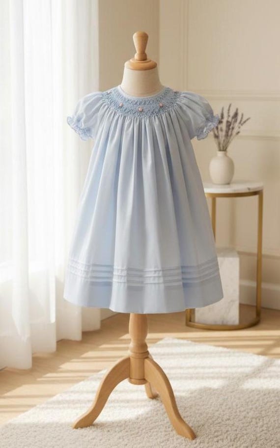 Petit Ami Blue Smocked 18 Months Bishop Dress: 18M Pintuck Hand Embroidery