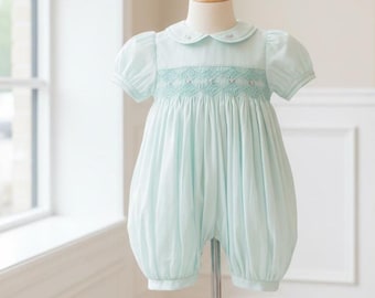 Petit Ami 6 Months Smocked: Mint French Bubble Romper for Baby Girls