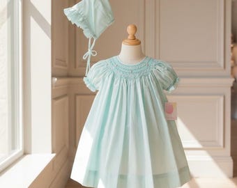 Petit Ami Newborn Smocked Pearl Daygown Set: Mint Green Bishop Dress & Bonnet