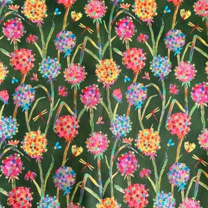 May include: A fabric featuring a repeating pattern of vibrant, spherical flower heads in pink, orange, yellow, and blue, set against a dark green backdrop. The design incorporates illustrations of dragonflies and butterflies.