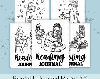 May include: A set of four printable journal pages featuring black and white illustrations of people reading. Each page has a dotted background and includes the text "Reading Journal".