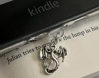 Silver Dragon Kindle charm, USB-C dust plug, Kindle decor, e-reader charm, bookish gift, gift for her, phone charm, Kindle Paperwhite