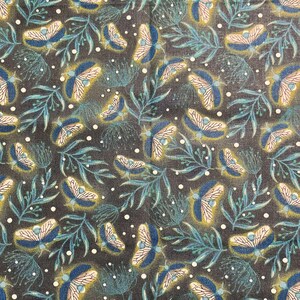 May include: A dark gray fabric with a repeating pattern of blue and yellow moths, green leaves, and white dots.