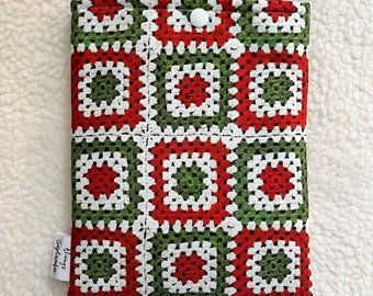 Crochet Granny Square Red & Green KINDLE Cover with Snap Closure