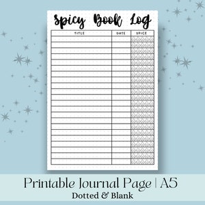 May include: Printable book log journal page with a dotted background. The page is divided into three columns labeled "Title", "Date", and "Spice". The "Spice" column is filled with a repeating pattern of small flames.