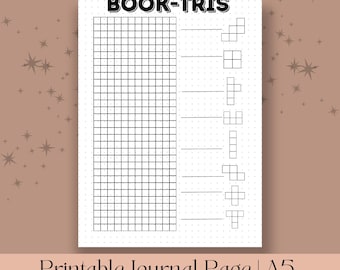 May include: A white printable journal page with the text "BOOK-TRIS" at the top. The page features a grid, Tetris-like shapes, and the text "Printable Journal Page | A5 Dotted & Blank" at the bottom. The background is a light brown color.