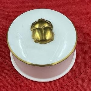 Vintage Scarab Lidded Trinket Box by Coldport, Bone China, Round Box with Lid, White with Gold Scarab, Egyptian Theme