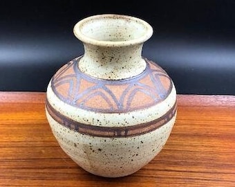 Vintage Studio Art Pottery Vase, Speckled Glaze, Tans and Browns, Signed by the Artist, 1970s