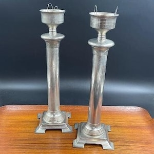 Vintage Tall Candlestick Holders, Silver tone, Likely Chrome, 12 Inches Tall, Art Deco Style, Table Centerpiece