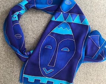 Vintage Hand Painted Silk Scarf with Primitive Faces Design in Blue and Purple, Hand Rolled Edges, 51 by 9 Inches