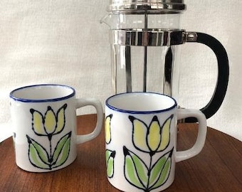 Vintage Pair of Stoneware Mugs with Hand Painted Tulip Design in Yellow, Green and Blue, 1970s